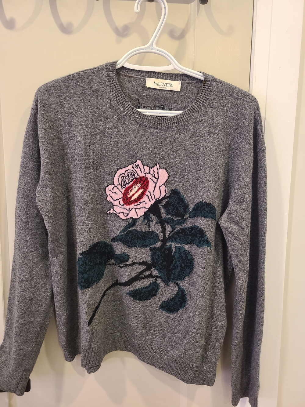 Valentino Gray Crewneck Sweater with Pink Rose Intarsia